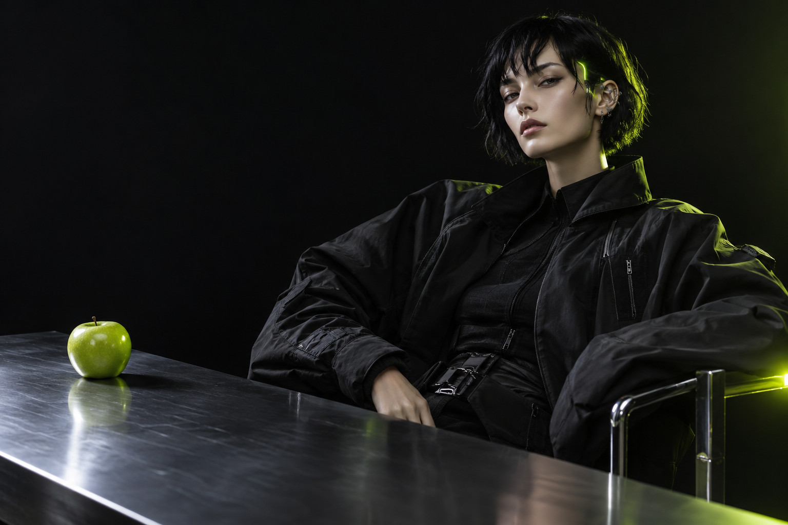 GLITCH, a fictional synthetic host in a black jacket, sitting at a chrome desk beside a green apple.